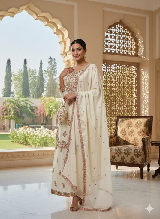DESIGNER WEAR SEQUENCE EMBROIDERY ON SILK FABRIC TOP AND PLAZZO WITH DUPATTA
