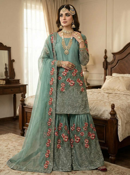 Pure Fendy Silk With Heavy Embroidery Sequence work with hend work And Full Sleeve