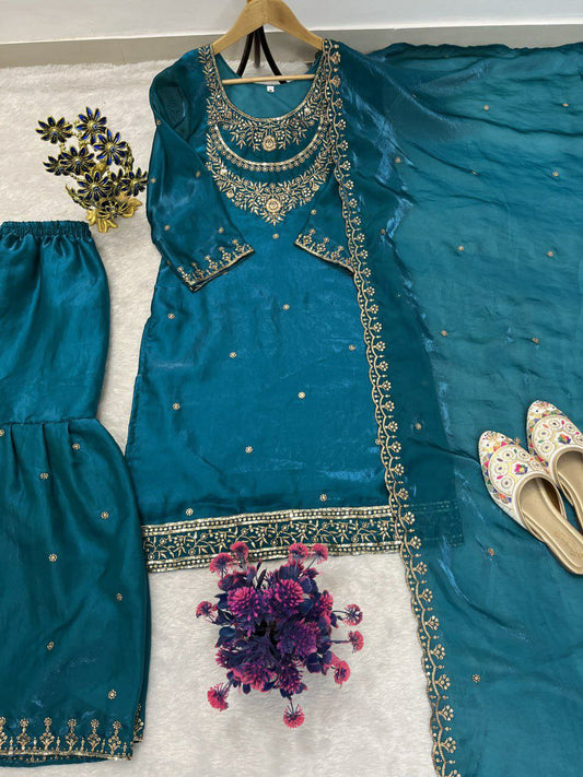 FESTIVAL SEASON LUNCH NEW DESIGNER HEAVY EMBROIDERY WORK ON FENDY FABRIC TOP SHARARA AND DUPATTA SET