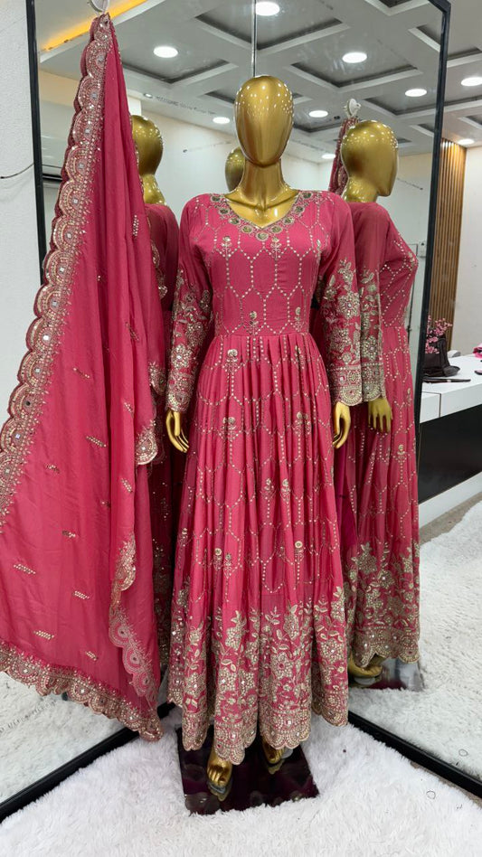Pure Heavy Chinnon Silk With Full Heavy Embroidery Sequence Work With Real Mirror Hand Work WithFull Sleeve Gown