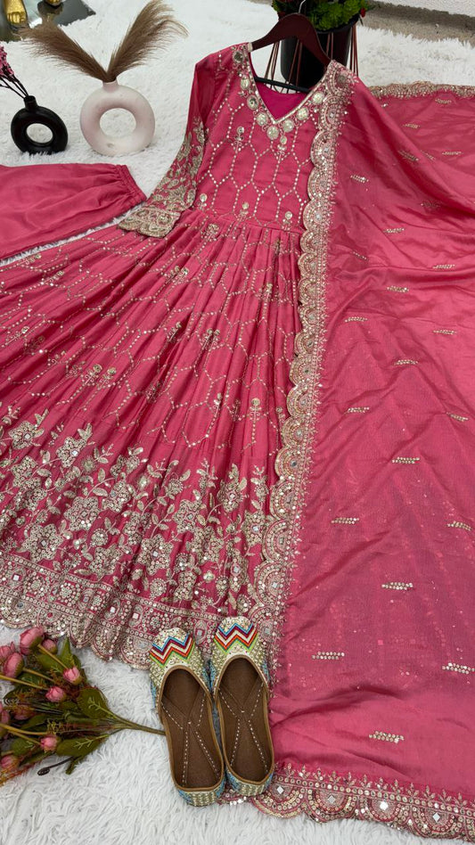 Pure Heavy Chinnon Silk With Full Heavy Embroidery Sequence Work With Real Mirror Hand Work WithFull Sleeve Gown