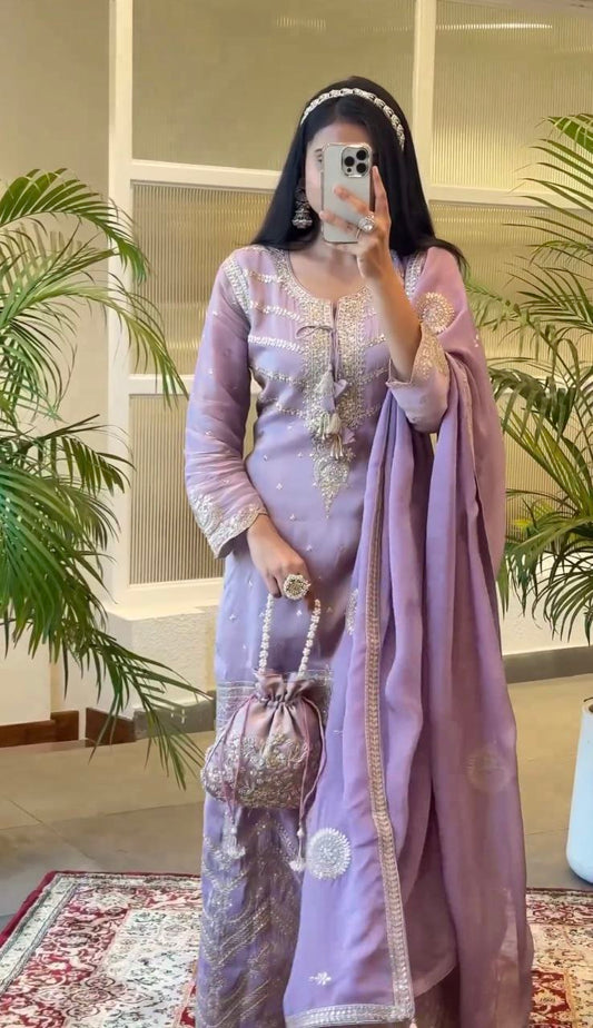 Pure Chinnon Silk With Heavy Embroidery Sequence Work And Full Sleeve Kurti Set