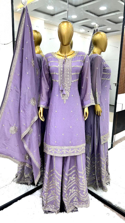 Pure Chinnon Silk With Heavy Embroidery Sequence Work And Full Sleeve Kurti Set