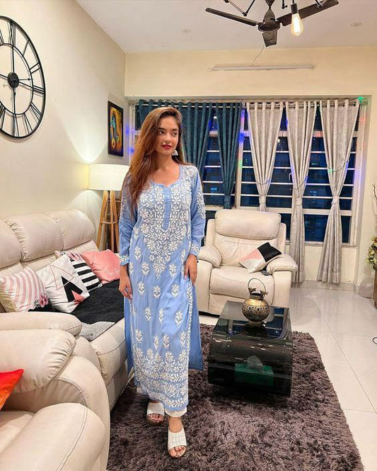 Trending Amazing Blue Kurti With Plazzo In Rayon Cotton Fabric