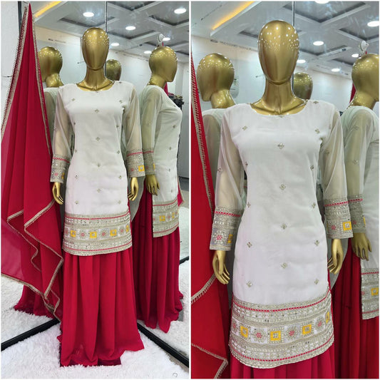 Heavy Faux Georgette With Heavy Embroidery Sequence Work And Full Sleeve Kurti Set