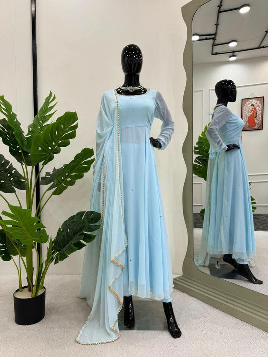 New Faux Georgette Sky Blue Kurti Pair For Women