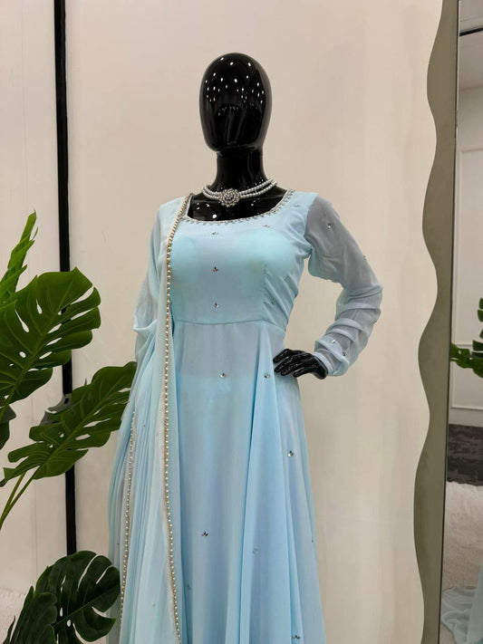 New Faux Georgette Sky Blue Kurti Pair For Women