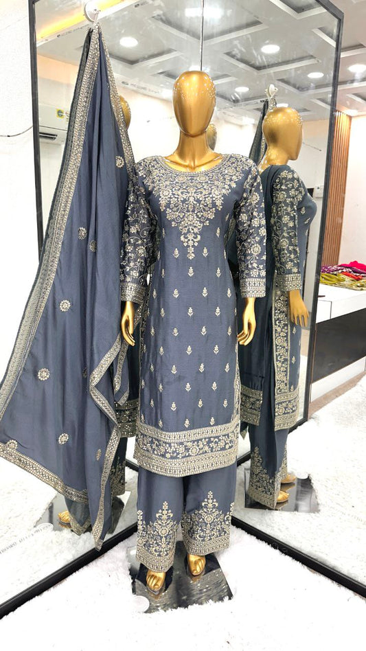 Pure Chinnon Silk With Heavy Embroidery Sequence Work And Full Sleeve Kurti