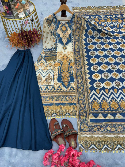 Heavy Chinon Silk With Digital Print With Riyal Mirror & Diamond Hand Work With Sleeves With Fancy Coin Latkan Kurti Set