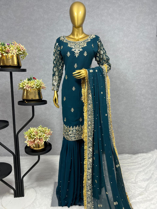 Heavy Beautiful Embroidery Sequqnce Aqua Blue Kurti Set For Women
