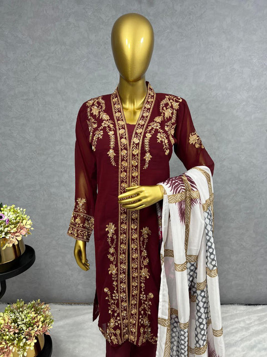 Heavy Faux Georgette New Maroon Three Piece Kurti For Women