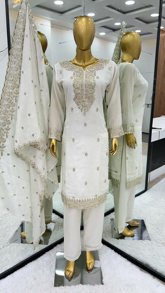 Pure Chinnon Silk With Full Sleeve White Kurti Set