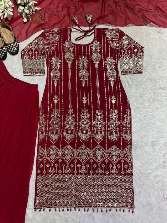 Heavy Fuax Georgette With Heavy 5mm Embroidery Sequence Work With fancy Less border Full Sleeve Kurti Set
