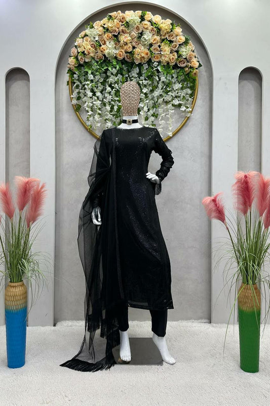 Designer Suit On Faux Georgette febric with inner and Sequnce work and Pent on Crep Febric and Dupatta on Soft Net Febric with Fancy Lace.