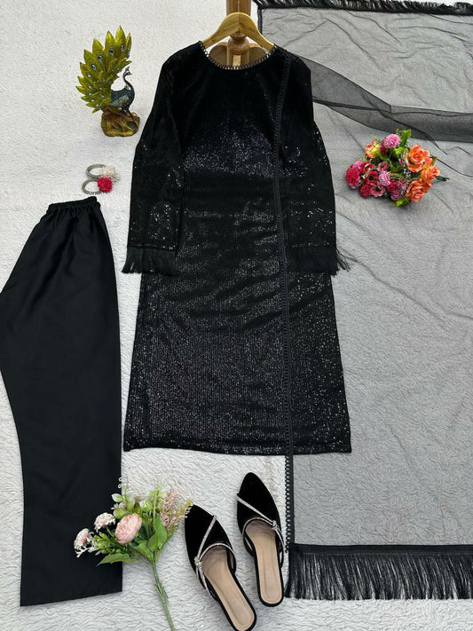 Designer Suit On Faux Georgette febric with inner and Sequnce work and Pent on Crep Febric and Dupatta on Soft Net Febric with Fancy Lace.