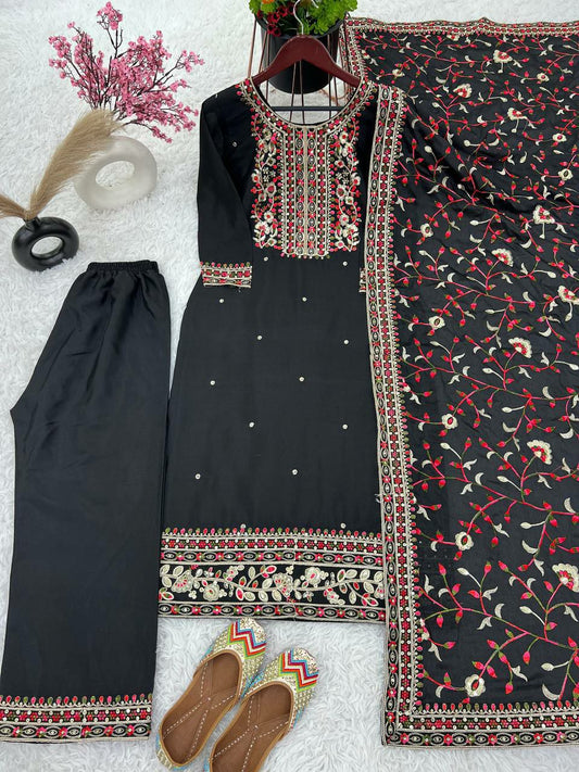 pure Chinnon Silk With Heavy Embroidery Coding Dori-Sequence Work And Full Sleeve Kurti Set