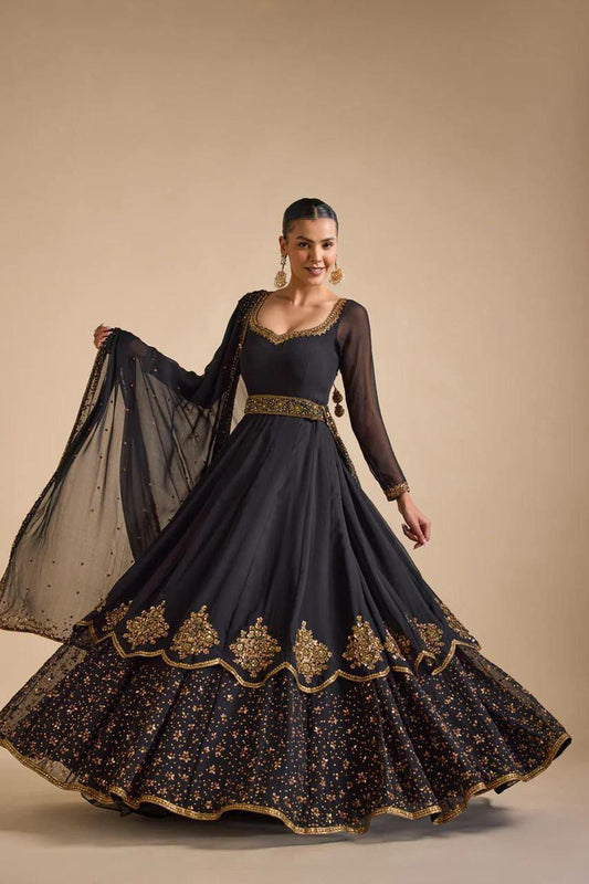 New Black Full Flared Gown With Dupatta Faux Georgette Work