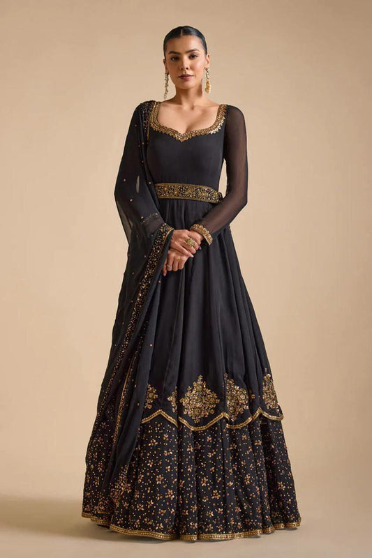 New Black Full Flared Gown With Dupatta Faux Georgette Work