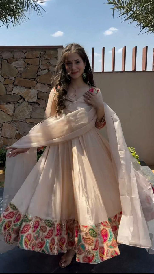 White Roman Silk Flared Kurti Pair For Women For Wedding Wear