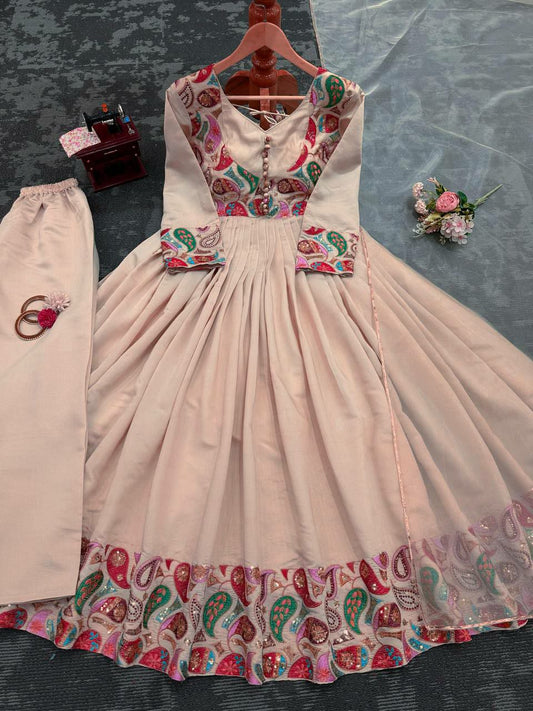 White Roman Silk Flared Kurti Pair For Women For Wedding Wear