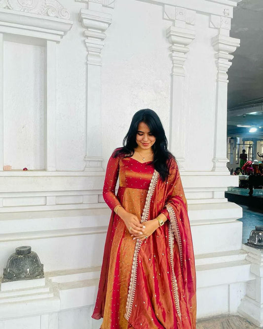 Anarkali Pure Fancy Gold Net With Embroidery 5 mm Sequence Work With Tassels With Sleeve Gown