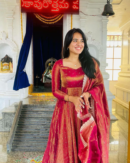 Anarkali Pure Fancy Gold Net With Embroidery 5 mm Sequence Work With Tassels With Sleeve Gown