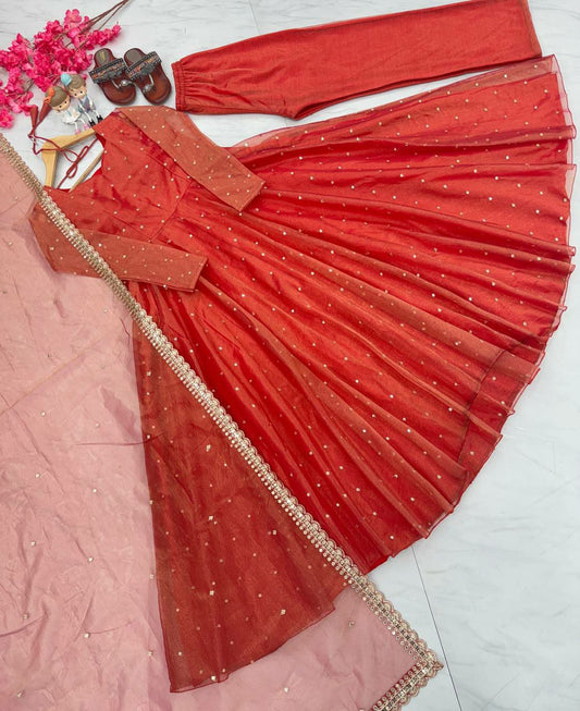 Anarkali Pure Fancy Gold Net With Embroidery 5 mm Sequence Work With Tassels With Sleeve Gown