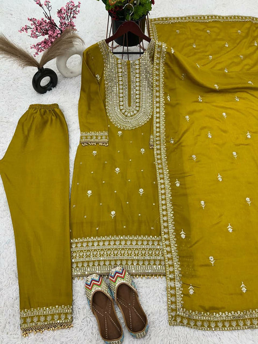 Pure Heavy Chinnon Silk With Heavy Embroidery Sequence Work With Full Sleeve With moti less Border Kurti Set