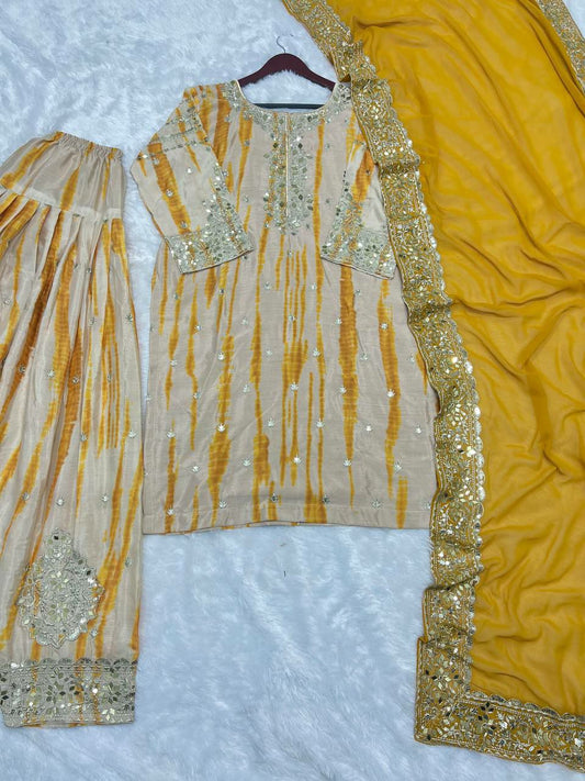 Pure Chinnon Silk With Digital Print and Heavy Embroidery Sequence Work With Real Mirror Work And Full Sleeve Patiyala