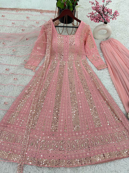 Heavy Faux Georgette With Full Heavy Embroidery Sequence Work Pink Gown For Women