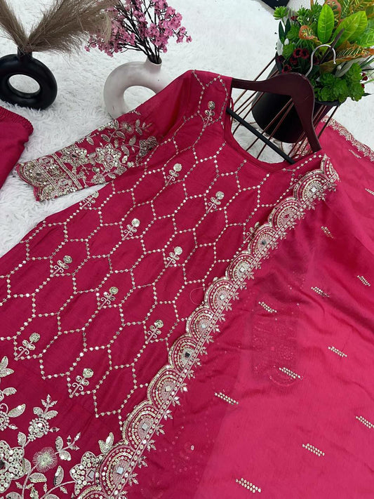 Pure Heavy Chinnon Silk With Heavy Embroidery Sequence Work with Real Mirror Hand Work With Full Sleeve Kurti Set 