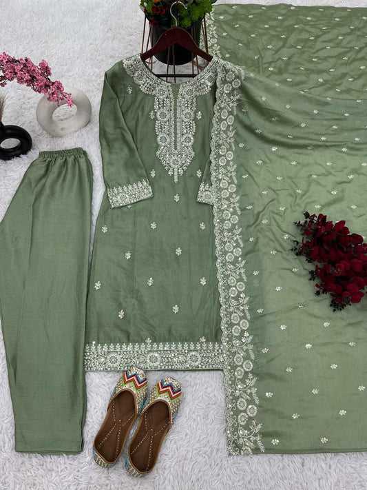 Pure Chinnon Silk With Full Sleeve Green Kurti