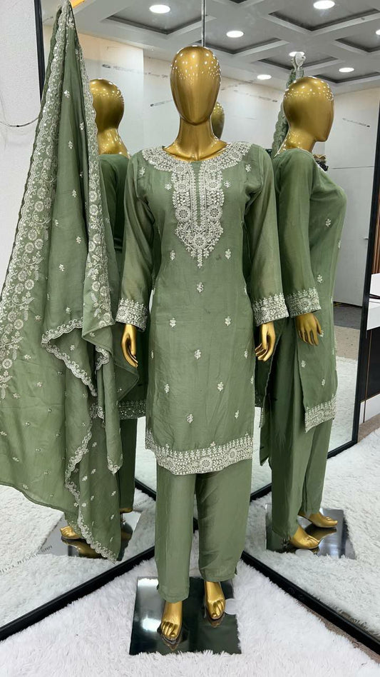 Pure Chinnon Silk With Full Sleeve Green Kurti