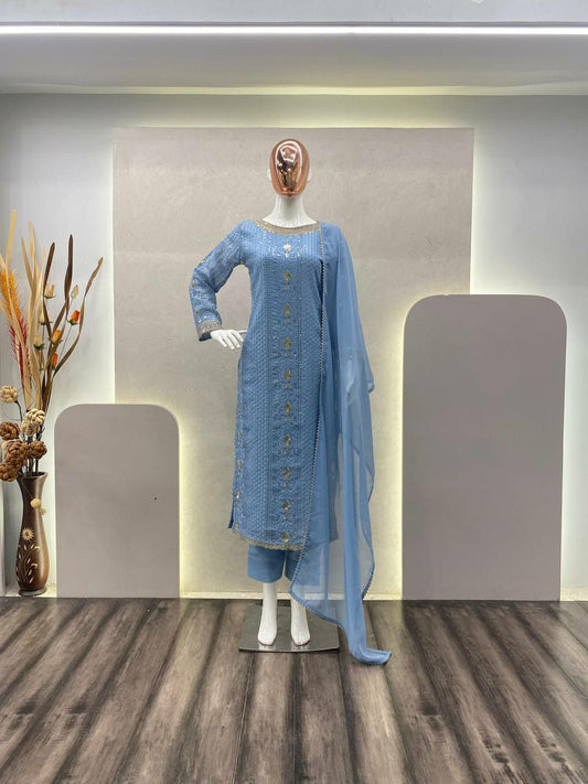 New Arrival Blue Kurti Set With Dupatta With New Design In Faux Georgette