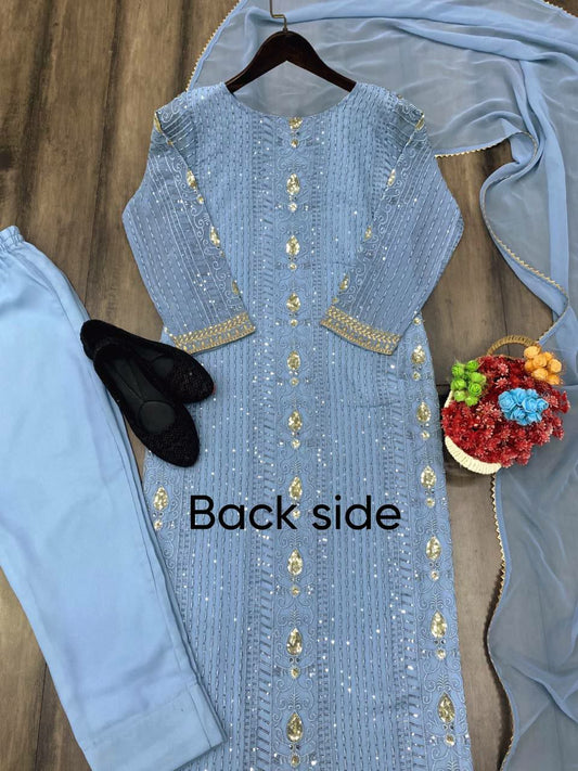 New Arrival Blue Kurti Set With Dupatta With New Design In Faux Georgette