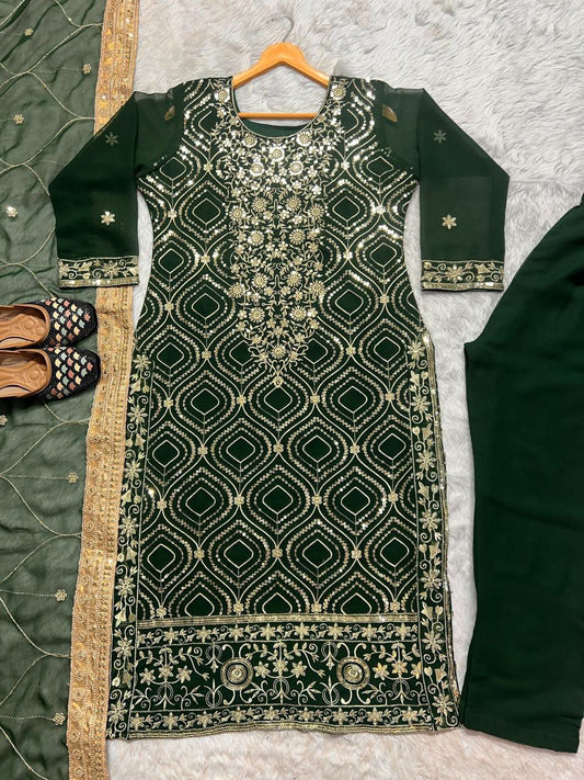 Hevay Faux Georgette Fabric With Heavy Embroidery 5mm Sequence Work (Fully Sleeve’s) Kurti And Pant Set