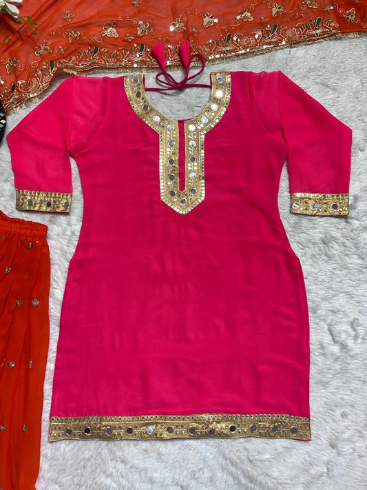 Faux Georgette With Heavy Embroidery 5mm Sequence Work Hand Mirror Work.(Fully Sleeve’s) Kurti And Dhoti Set