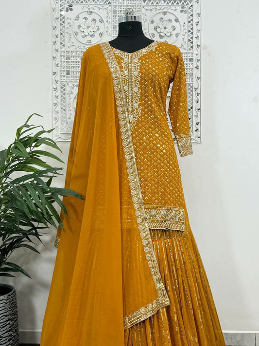 Presenting New Party Were Beautiful Fancy Heavy Embroidery And 5mm Sequins Work Top Sharara With Dupatta