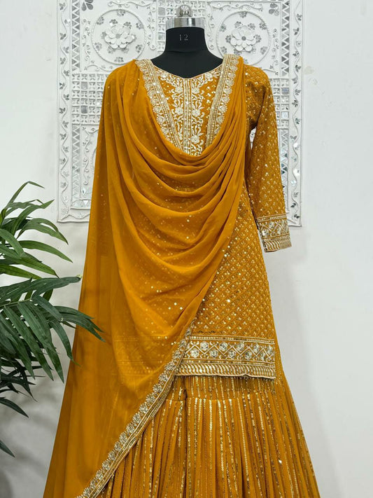 Presenting New Party Were Beautiful Fancy Heavy Embroidery And 5mm Sequins Work Top Sharara With Dupatta