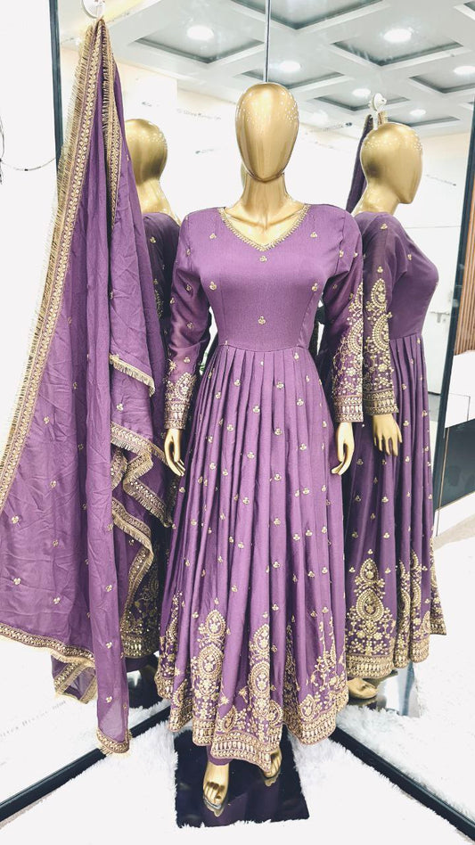 Pure Heavy Chinnon Silk With Full Heavy Embroidery Sequence Work Full Sleeve For Women Gown