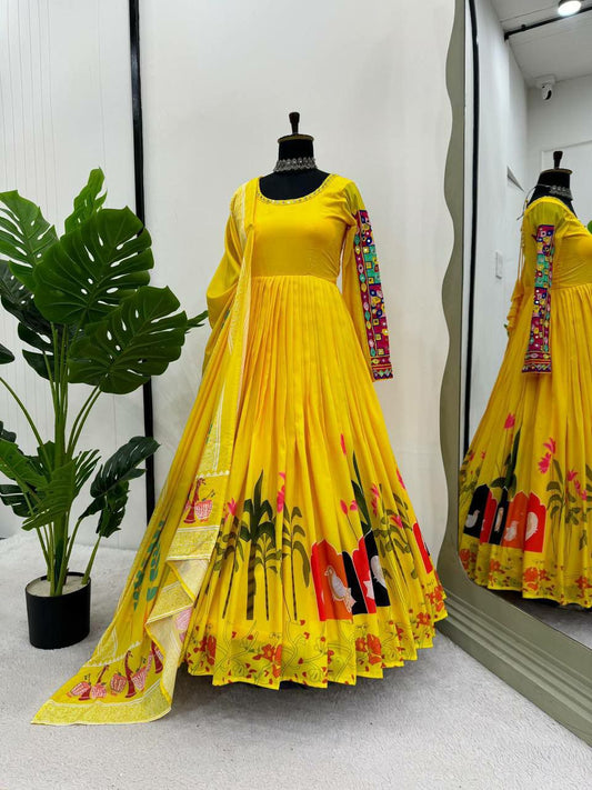 New Haldi Ceremony Yellow Wear Gown With Dupatta Rayon Fabric With Digital Print And Real Mirror Work
