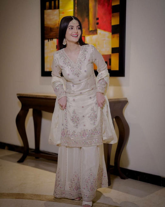 Launching New Beautiful Design Ready Made Collection White Fancy Embroidery And Sequins Work Top - Plazzo With Dupatta