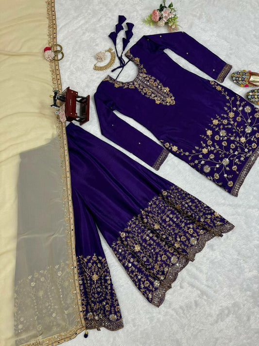 Designer Suit on Chinon Silk febric with Inner and Sequnce With Thred work and Sharara