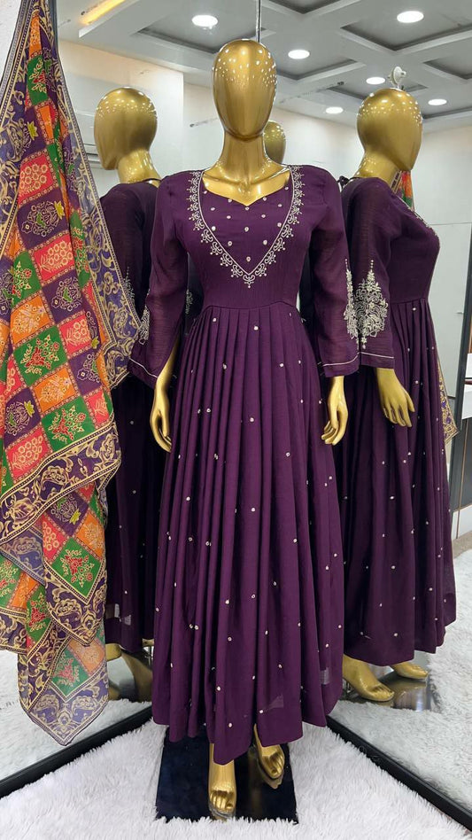 Pure Chinnon Silk With Embroidery Sequence Work With Fancy Full Sleeve Anarkali kurti with new design 