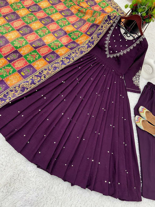 Pure Chinnon Silk With Embroidery Sequence Work With Fancy Full Sleeve Anarkali kurti with new design 