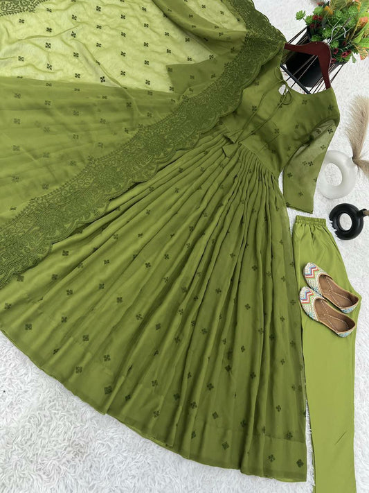 Heavy Faux Georgette With Embroidery Work With Fancy Full Sleeve Anarkali Kurti Set 