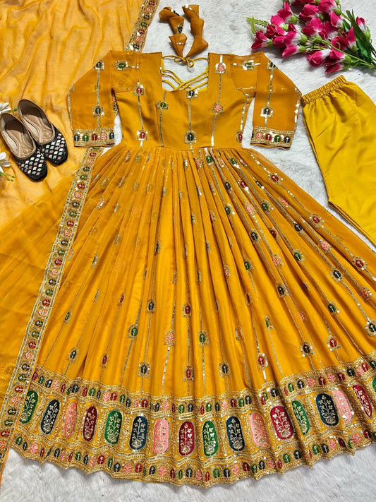 Heavy Faux Georgette With 5mm Sequence And Embroidery Work ( Fully Sleevs ) Haldi Wear