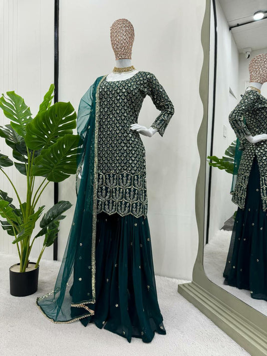 beautiful Designer Suit on Georgette febric with Inner and Sequnce & Thred work sharara pair