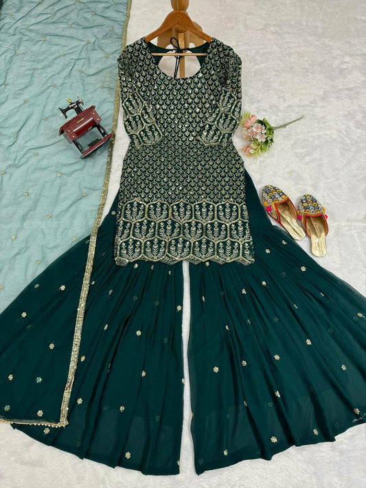 beautiful Designer Suit on Georgette febric with Inner and Sequnce & Thred work sharara pair