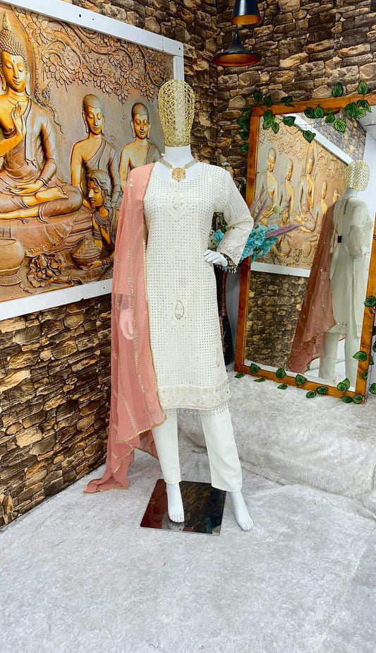 NEW ARRIVAL WHITE KURTI HAVY FOUX GOARGATYE WITH HAVY EMBROIDERY WORK AND MOTI LACE WORK 